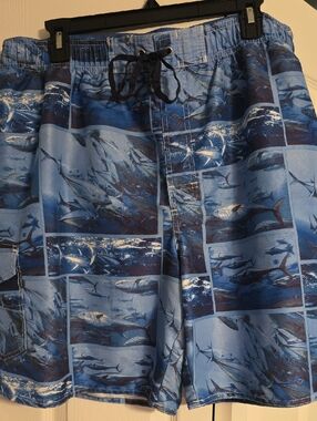 Reel Legends, Blue Shades/ Shark Logo Swim/ Board Shorts. Pockets, Lined,XL.EUC